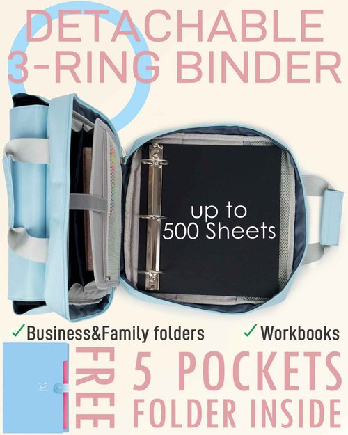 Kaitiaki 3 Ring Zipper Binder Bag with Handle and Shoulder Strap, 3-Inch D-Ring, Large Laptop Pocket, 5-Tab Expanding File Folder, School Supply Kit (Minor Blue)