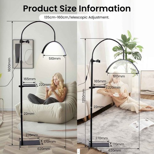Lash Light for Eyelash Tech,LED Half Moon Floor Lamp for Esthetician, Tattoo Artists,Nail Tech, Skincare Adjustable Brightness and Height Esthetician Light with Phone Holder and Tool Tray