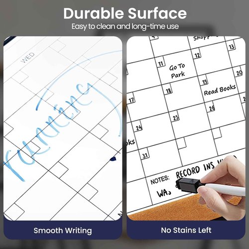 Lumspax Dry Erase Calendar with Cork, 24" x 18" Large Calendar Whiteboard for Wall, Black Narrow Frame Monthly Combination Board for School, Home, Office