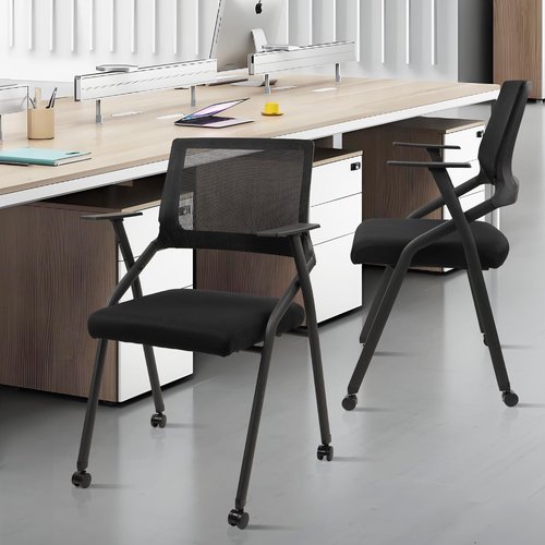 CLATINA Stackable Foldable Conference Room Chairs with Wheels, Portable Padded Office Desk Chair with Lumbar Support and Armrest for Training Room, Guest, Reception, Event, Black (1pk)