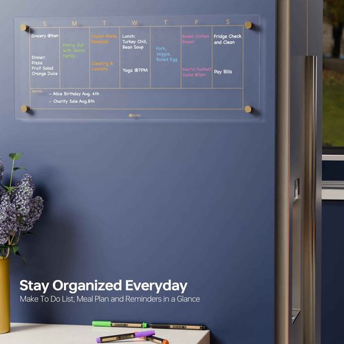 Clear Glass Weekly Dry Erase Calendar Non-Magnetic Whiteboard for Wall, 7 Day to Do List, Menu & Meal Planner White Board for Kitchen Home Office, 23x9.5, 4 Markers Included, Yeoux