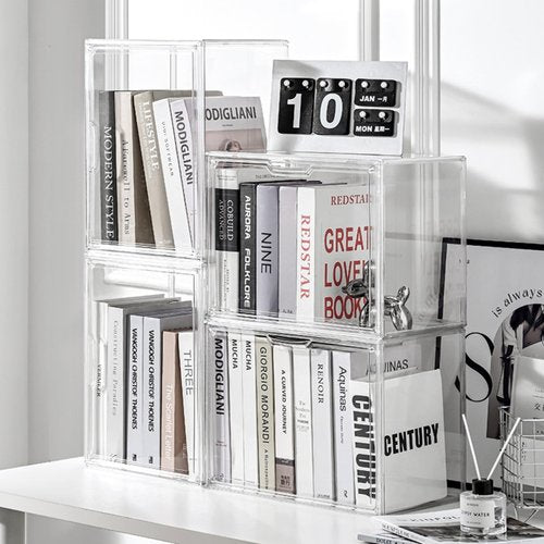 Multifunctional Transparent Books torage box Plastic Thickened Stackable Large capacity Desktop Display box Magnetic suction to open the lid Storage bin Moisture-proof Sealed Shoe box