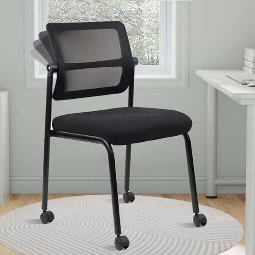 CLATINA Waiting Room Chair with Wheels Adjustable Mesh Backrest Stacking Armless Office Chair, Ergonomic Lumbar Support and Thickened Leather Seats Cushion for Home Conference Lobby Side School Black