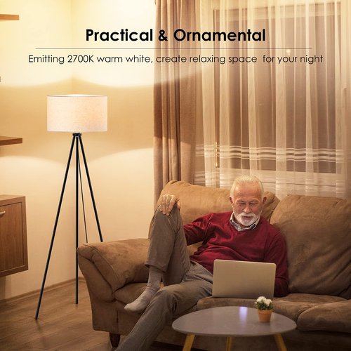 BoostArea Tripod Floor Lamp, 15W LED Bulb, 3 Levels Dimmable Brightness, Linen Shade, Mid Century Standing Lamp for Living Room, Bedroom, Study Room and Office