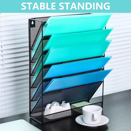 MINDEPOT 7-Tier Wall Hanging File Organizer Cubicle Hanging Organizer Mount File Holder, Mesh Magazine Document Mail Organizer Wall Organizer for Office School Home, Black