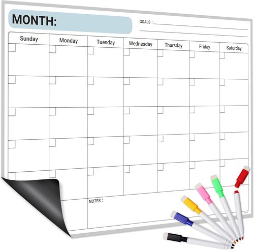 Magnetic Monthly Calendar by [Brand Name] - 17" x 12" Undated Fridge Planner with Erasable Blocks & 6 Markers