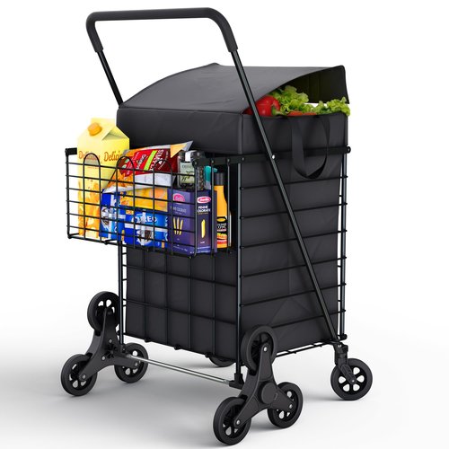 Our Modern Space Stairs Climbing Shopping Cart w/Waterproof Basket Liner & 360° Swivel Wheels | Foldable Collapsible & Lightweight | Perfect for Groceries Laundry Utility Cart - Black