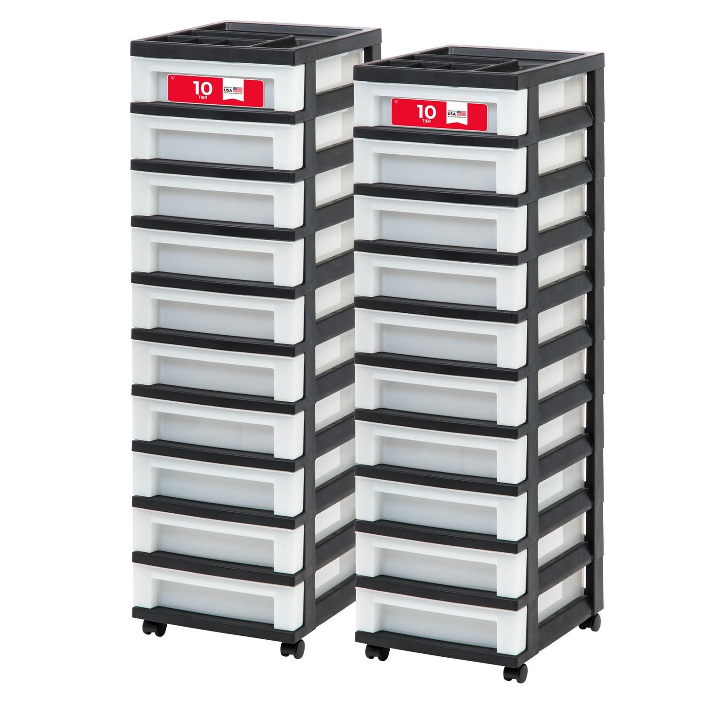 IRIS USA Plastic Drawer Storage Organizer Rolling Cart, 2-Pack, with Wheels Casters, 10-Drawers, for Classroom Art Craft Supplies Dresser Closet Bathroom Laundry Room, Black/Pearl