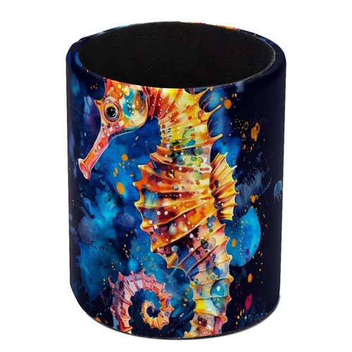 otnrnondcl Decorative Pen Holder Stand, PU Leather Waterproof Pencil Marker Makeup Brush Cup, Stationery Desk Accessories Organizer for Office, School, Home (Colorful Painting Seahorse)