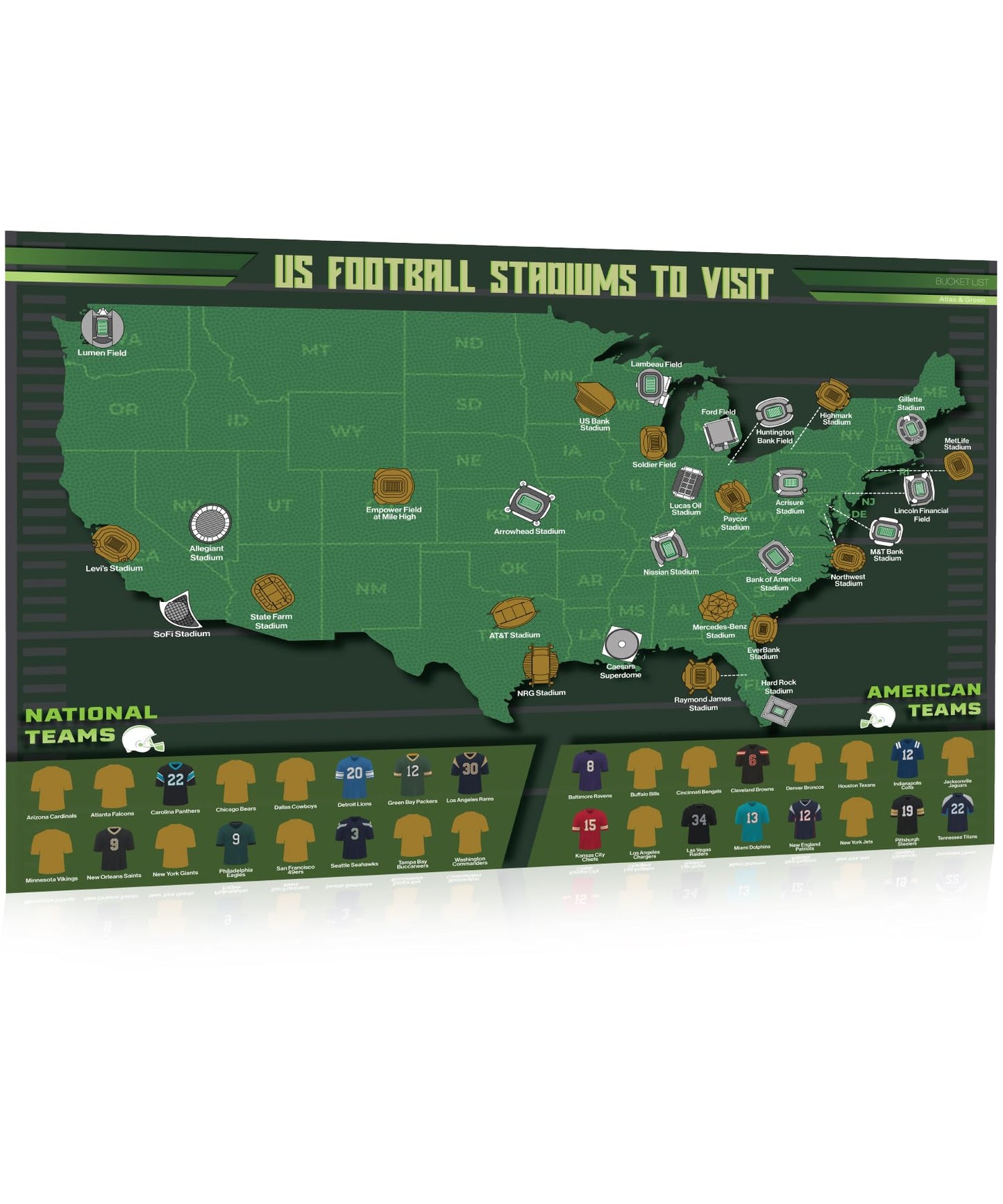 Atlas & Green US Football Stadiums of America Scratch Off Map. Pro Football Satdiums Scratch Off Poster. Large A2 Stadiums Wall art. A2 Sports Poster With Gift Tube