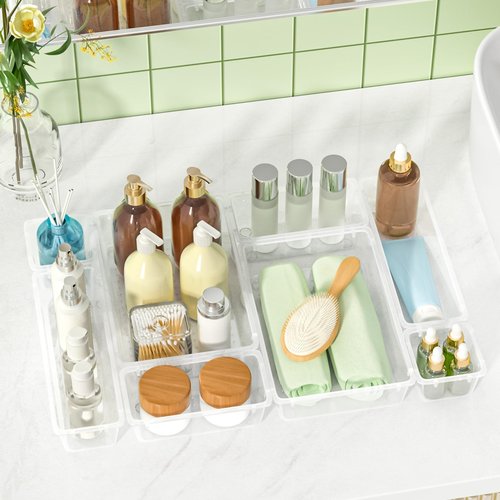 SpaceTrove 45 PCS Clear Plastic Drawer Organizers Set, 4-Size Versatile Bathroom and Vanity Drawer Organizer Trays, Storage Bins for Makeup, Bedroom, Kitchen Gadgets Utensils and Office