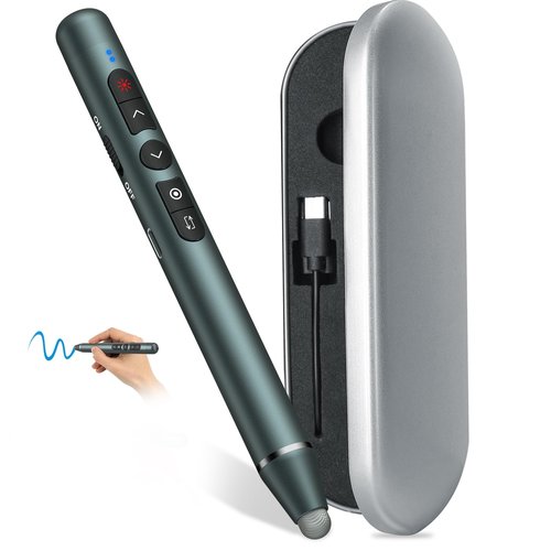 Rechargeable Presentation Clicker Stylus Pen for Touch Screen, Wireless Presenter Remote Laser Pointer USB PowerPoint Clicker Slide Advancer with Hyperlink Volume Control for Mac/Computer (red Laser)
