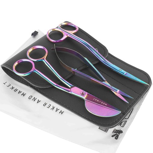 MAKER AND MARKET Premium Embroidery Scissors Set of 3 Kit - Double Bent Offset Duckbill, Spring Action Curved Blade and Double Bend Long Applique Needlepoint with Pouch Sleeve (Rainbow)