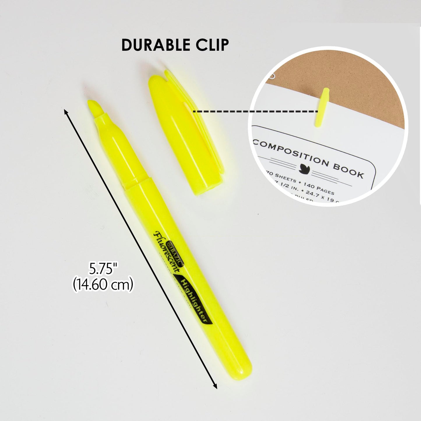 BAZIC PRODUCTS Yellow Fluorescent Highlighters, Pen-Style, Pocket Clip, Chisel Tip, 5 Count, Quick-Dry Highlighter Ink