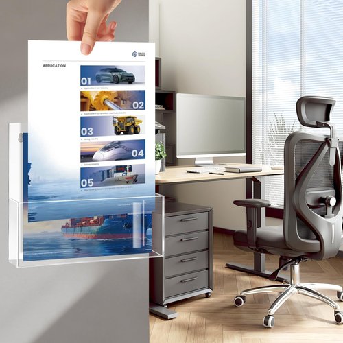 JUESHA 2 Pack Clear Acrylic File Holder Wall Mount Self Adhesive, Legal Size Hanging Paper Organizer, Wall Pocket File Holder Storage for Letter Folder Brochure Magazine Bookshelf Literature Display