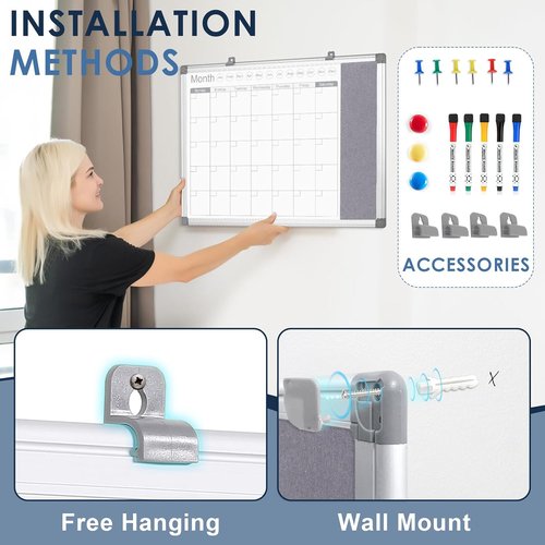 Makello Dry Erase Calendar - 24" x 18" Whiteboard & Grey Felt Board Combo for Home, Office, School