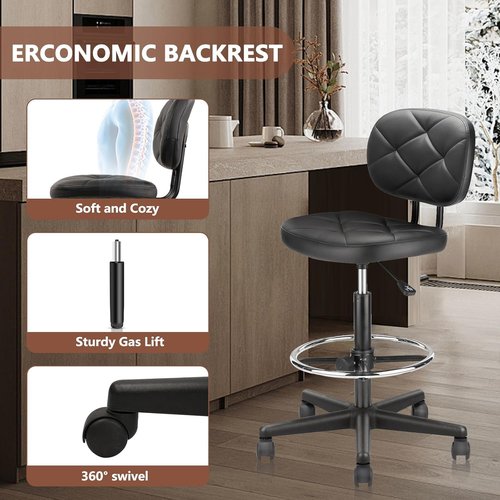 KLASIKA PU Leather Rolling Bar Stool - Adjustable Height Drafting Chair with Wheels & Backrest - Black