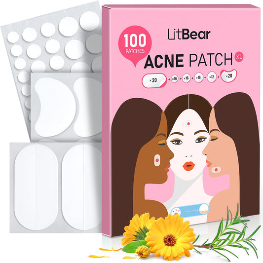 LitBear Large Acne Pimple Patches, 6 Sizes 100 Patches for Large Breakouts, Acne Patches for Face, Chin or Body, Acne Spot Treatment with Tea Tree & Calendula Oil, Hydrocolloid Bandages for Acne Skin