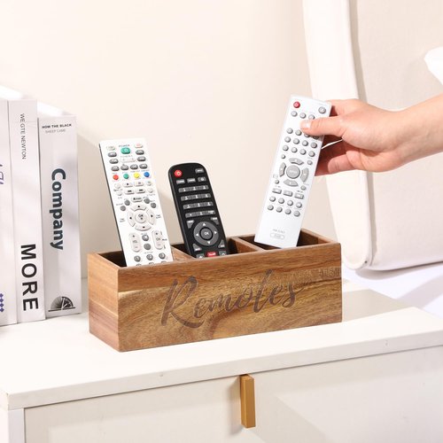 COOLEX Remote Control Holder, Acacia Wooden Pencil Holder TV Remote Holder with 3 Compartments, Remote Caddy for Table, Small Desktop Organizer for Home Office