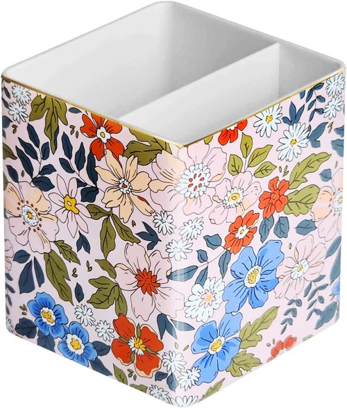 LEAZUL Pen Pencil Holder, Makeup Brush Holder,Ceramic Remote Control Holders Organizer with 2 Compartment Floral Multi-functional Office Organizers Storage Caddy Desk Tv Remote Holders Pink Flowers