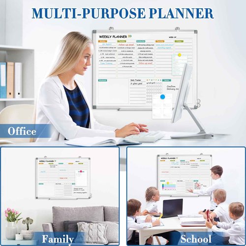 WALGLASS Weekly Dry Erase Calendar Whiteboard for Wall, 24" x 18" Double-Sided Weekly Planner White Board with Notes, Daily Tracker, Aluminum Framed Hanging & Wall Mount for Home, Office, School