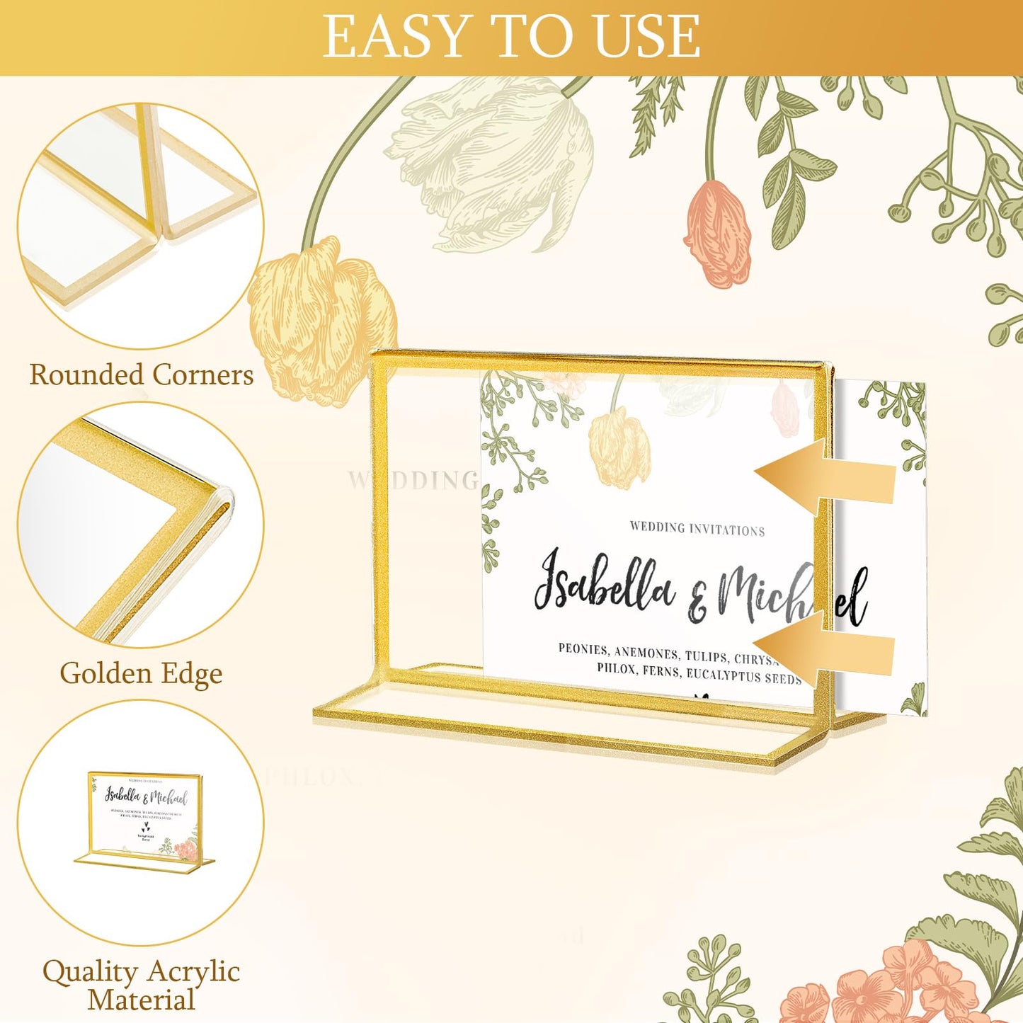 Hoteam 24 Pack 6 x 4 Clear Acrylic Sign Holder with Gold Borders, Gold Picture Frame, Double Sided Wedding Table Number, Acrylic Menu Stands for Wedding Table, Restaurant Sign, Photos Display