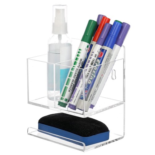 MyGift Modern Clear Premium Acrylic Dry Erase Marker Holder Rack with 3 Compartments for Markers Pens, Eraser, and Spray Bottle, Office Supplies and Accessories Organizer