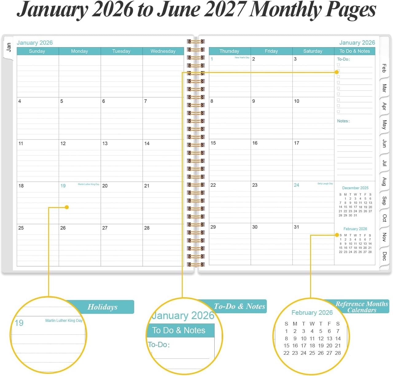 2026-2027 Monthly Planner | 18-Month Calendar with Tabs, 9" x 11", Strong Twin-Wire Binding, Black