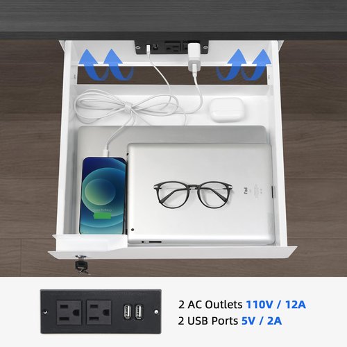Lumil Under Desk Mounted Drawer Lockable with Charging Station Power Strip and Foldable Cable Management Arm for Office Desk 15.7" (W) x 15.7" (D) x 4.4" (H), White