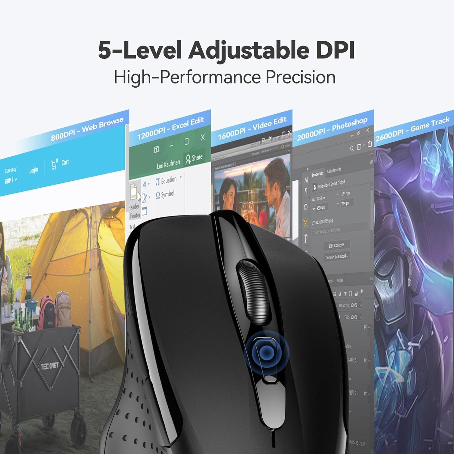 TECKNET Wireless Mouse - Ergonomic 2.4G Optical Design with 6 Buttons & 24 Months Battery Life - Black