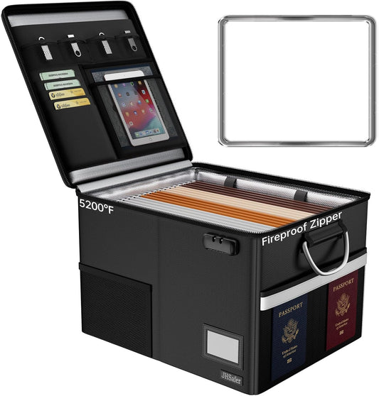 Skiennix Fireproof Document Box - Waterproof File Organizer with Lock & Handle | Portable Black Filing Cabinet