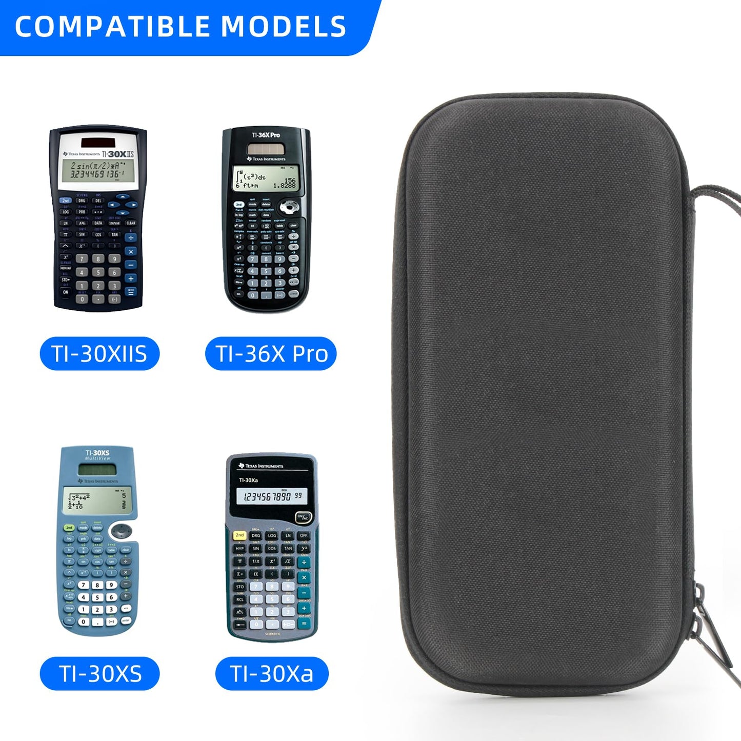Hard Carry Case Compatible with Texas Instruments TI-30Xa, TI-30XIIS, TI-30XS MultiView, TI-36X Pro & BA II Plus | Protective Storage Pouch for Scientific/Financial Calculators (Black)