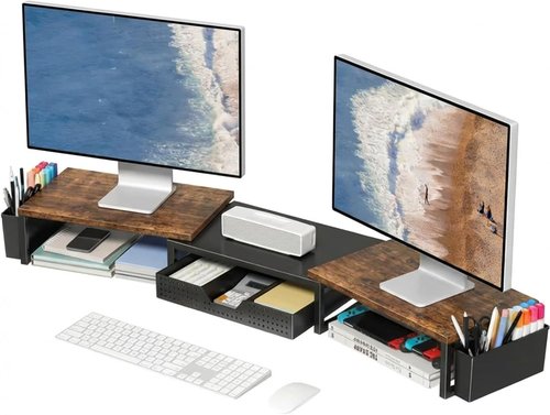 OPNICE Dual Monitor Stand Riser - Desk Organizer with Drawer & 2 Pen Holders | Rustic Brown Wood