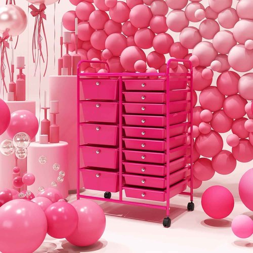 HOMGX 15-Drawer Storage Rolling Cart, Multipurpose Utility Storage Cart w/ 4 Lockable Wheels & Removable Drawers, Plastic Drawer Organizer for Office, Supermarket, Home, School (Hot Pink)