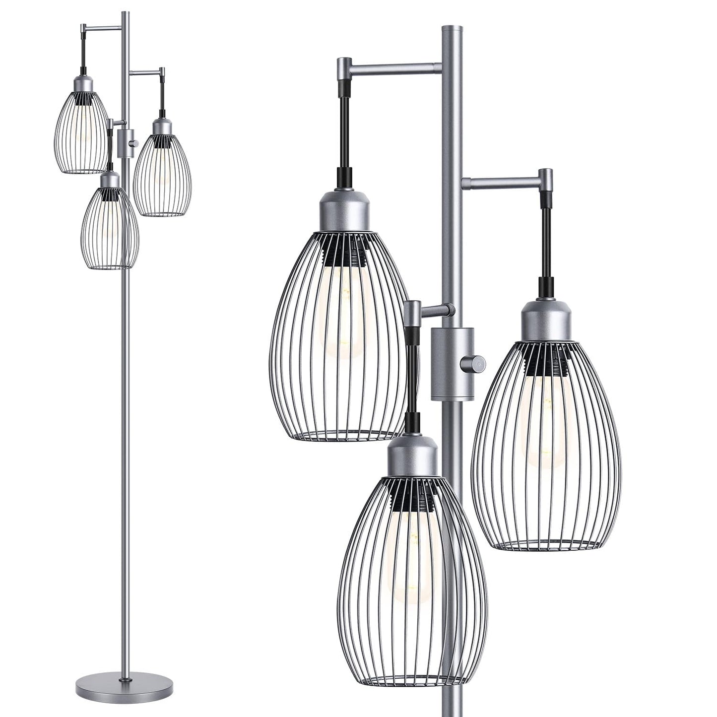 Nintiue Dimmable Floor Lamp, 3 x 800LM LED Edison Bulbs Included, Industrial Floor Lamp Standing Tree Lamp with Elegant Teardrop Cage Heads Tall Lamps for Living Room Bedroom-Grey