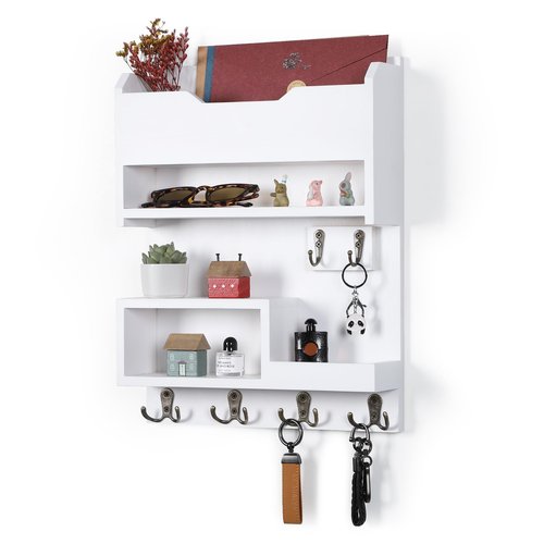 HEKFL Key Holder for Wall, Mail and Key Holder with Key Hooks, Mail Organizer Wall Mounted for Home Decor, White