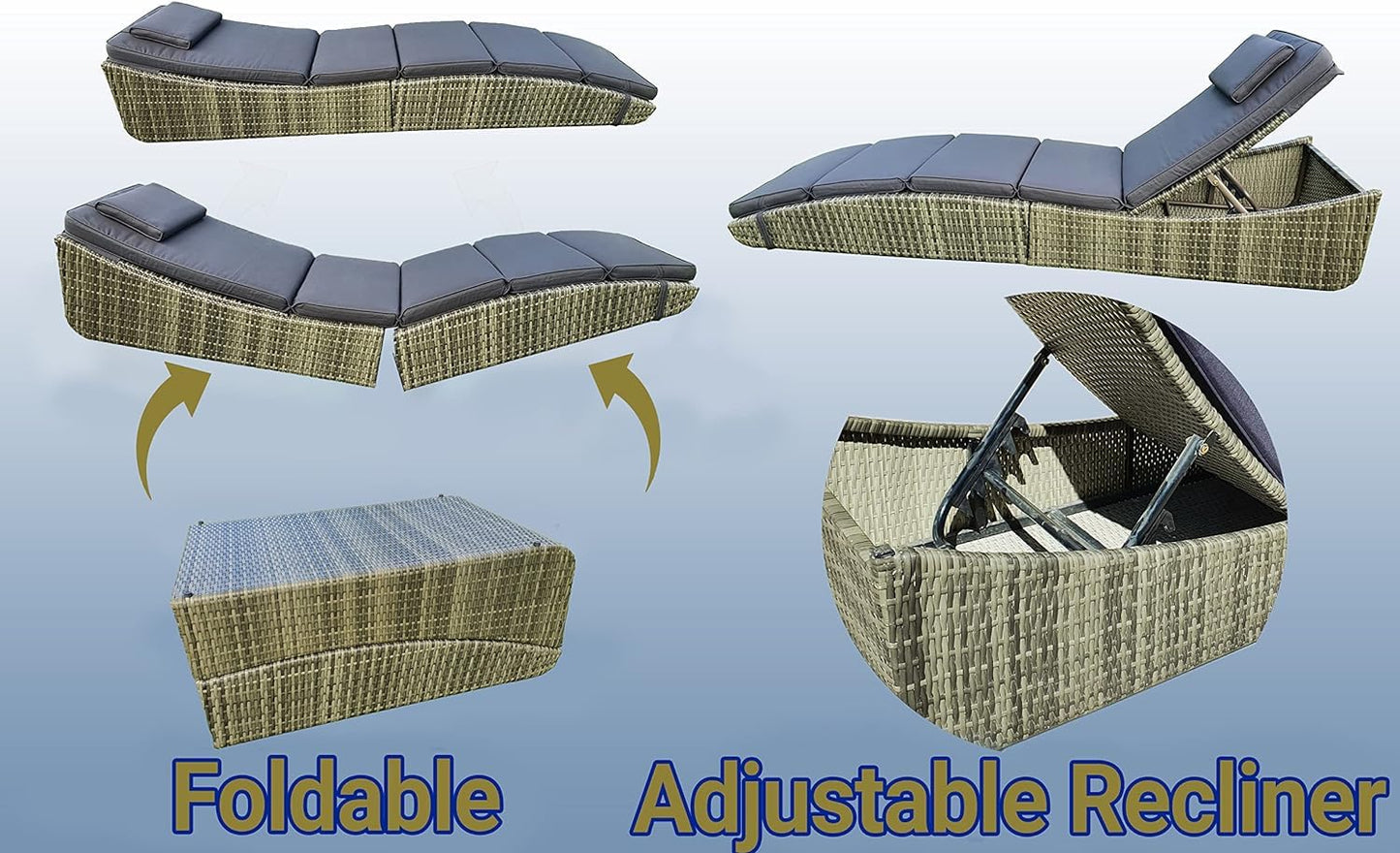 BTEXPERT Set of 2, Foldable Outdoor Chaise Pool Lounge Chairs Folding Wicker Rattan Sun Bed Patio Couch Reclining Lounger Adjustable Padded Backrest Pillow Assembled - Grey - Two