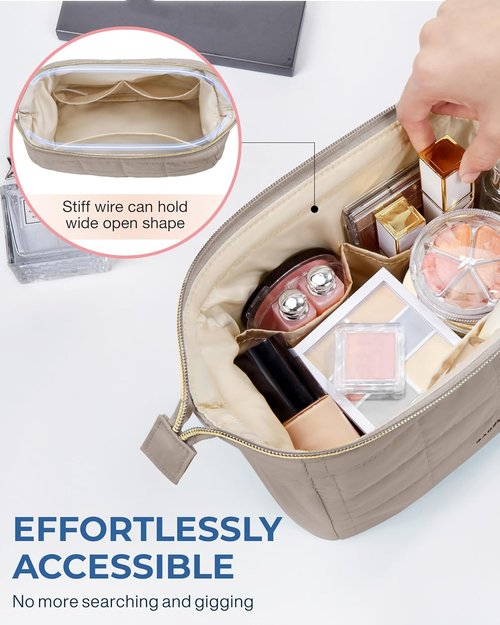 BAGSMART Makeup Bag - Puffy Padded Travel Toiletry Organizer for Women | Camel Color, Wide-Open Design