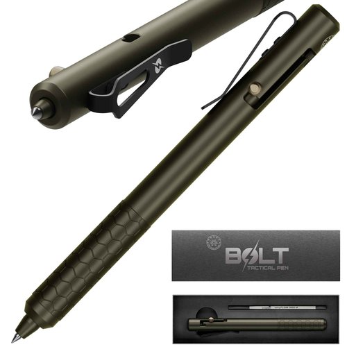Off-Grid Knives BOLT Tactical Pen with Tungsten Carbide Glass Breaker, Overbuilt Bolt Action XL Writing Tool, Aircraft Aluminum, German Ink, Stainless Steel Clip (Camo Green)