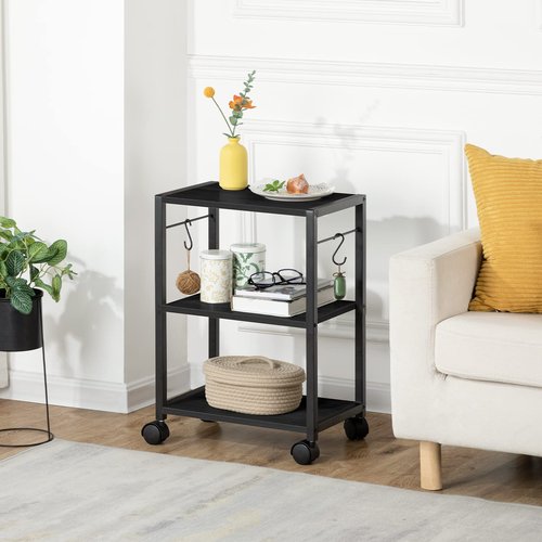MAHANCRIS Printer Stand, 3-Tier Under Desk Rolling Cart with Storage Shelf, Heavy Duty Printer Table with Wheels for Home Office, Printer Shelf with 2 Hooks, for Small Spaces, Black PTHB4001V