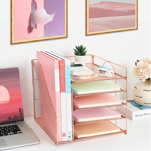 LEKETREE Desk Organizers and Accessories, 5-Tier Paper Letter Tray Organizer with File Holder, Desktop Organizer for Office Supplies, Office Desk Accessories & Workspace (Rose Gold)