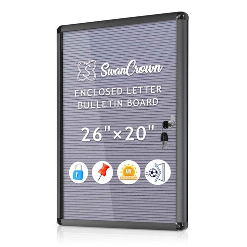 S SWANCROWN Enclosed Bulletin Board with Locking Door 26x20 in, Lockable Felt Letter Board Sign Tamperproof Message Board for Office School Home, Black Aluminum Frame, Grey