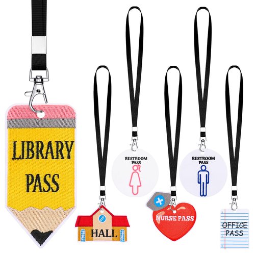 Weekgrat 6 Sets Embroidery Hall Pass Lanyards Cute School Passes Set for Teachers Embroidered Classroom Passes for Bathroom, Library, Office and Nurse Classroom School Supplies Gifts