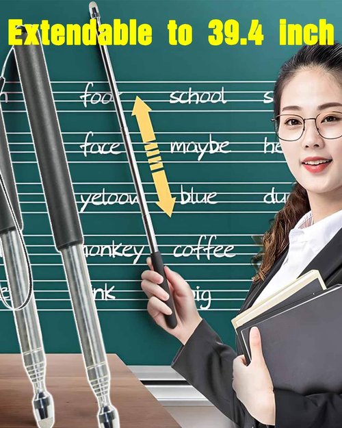 Oythiem Teacher Pointer Stick for Classroom Presentations - Telescopic Classroom Whiteboard Pointer for Teachers with A Lanyard & Touch screen nano head, Stainless steel hand pointer Extends to 39.4''
