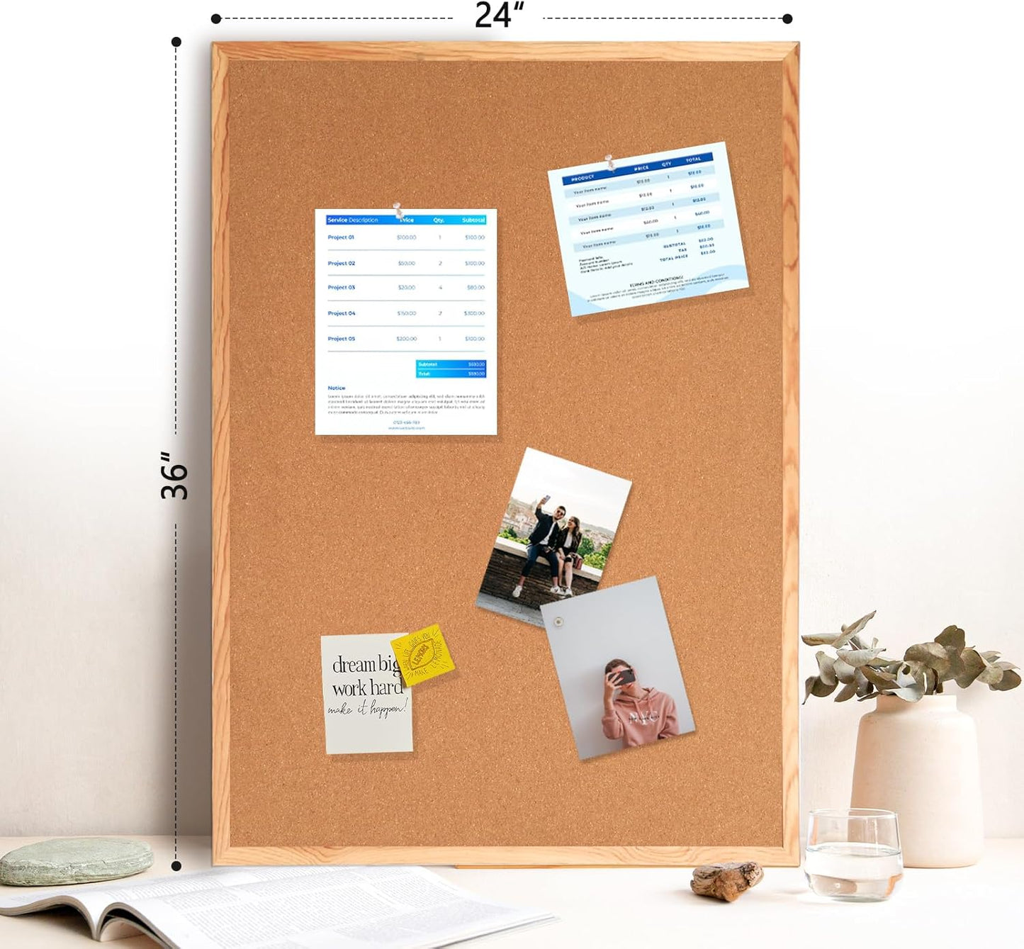 WALGLASS Cork Board - 36" x 24" Wooden Frame Bulletin Board for Home Office | Includes 10 Pins