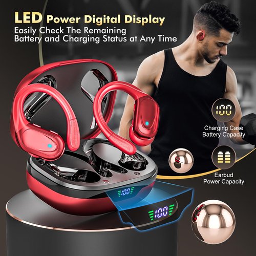 HAOYUYAN Wireless Earbuds, Sports Bluetooth Headphones, 80Hrs Playtime Ear Buds with LED Power Display, Noise Canceling Headset, IPX7 Waterproof Earphones for Workout/Running Red