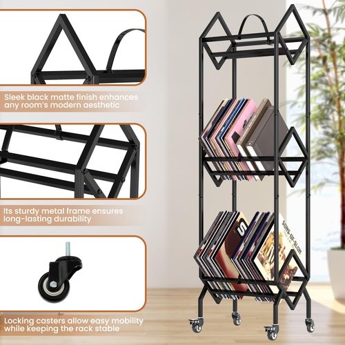 Noliven 3 Tier Vinyl Record Storage Rack with Casters, Metal LP Storage Stand, Book and Files Organizer, Magazine Display, Large Capacity Record Holder for Albums, Books, Magazines, and Office Files