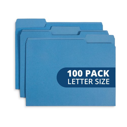 File Folder, 1/3 Cut Tab, Letter Size, Blue, Great for Organizing and Easy File Storage, 100 Per Box