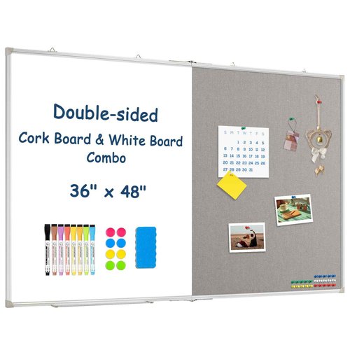 Large White Board Dry Erase Foldable Bulletin Board Combo, 48" x 36" Double Sided Dry Erase Board for Wall, Magnetic Whiteboard Bulletin Board with Linen for Office, Home, School, Kitchen -Gray