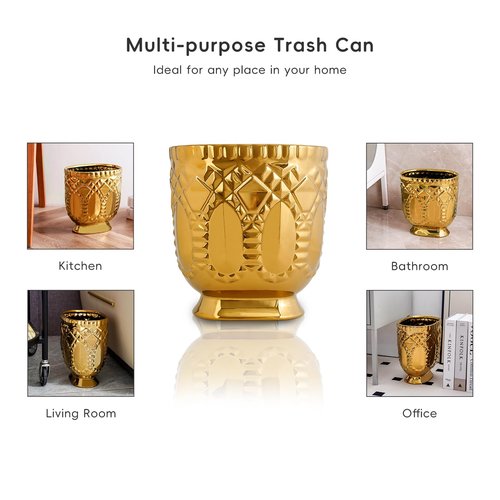 TCQMSS Modern Golden Trash Can, Ceramic Waste Container Garbage Receptacle Bin for Bathrooms, Powder Rooms, Kitchens - Stylish Wastebasket Garbage Can for Home & Office